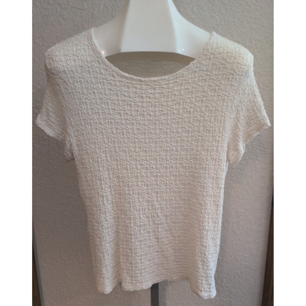 Croft & Borrow Cream Crinkle Stretch Crew Shirt Top Womens Large Short Sleeve